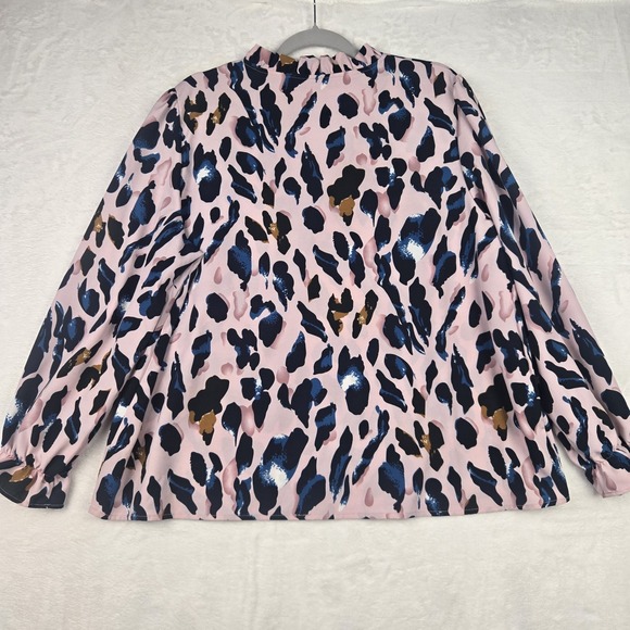 Women's Pink Blue Patterned Long Sleeve Blouse Size 1XL Notch Neck‎ Ruffle - Picture 8 of 8